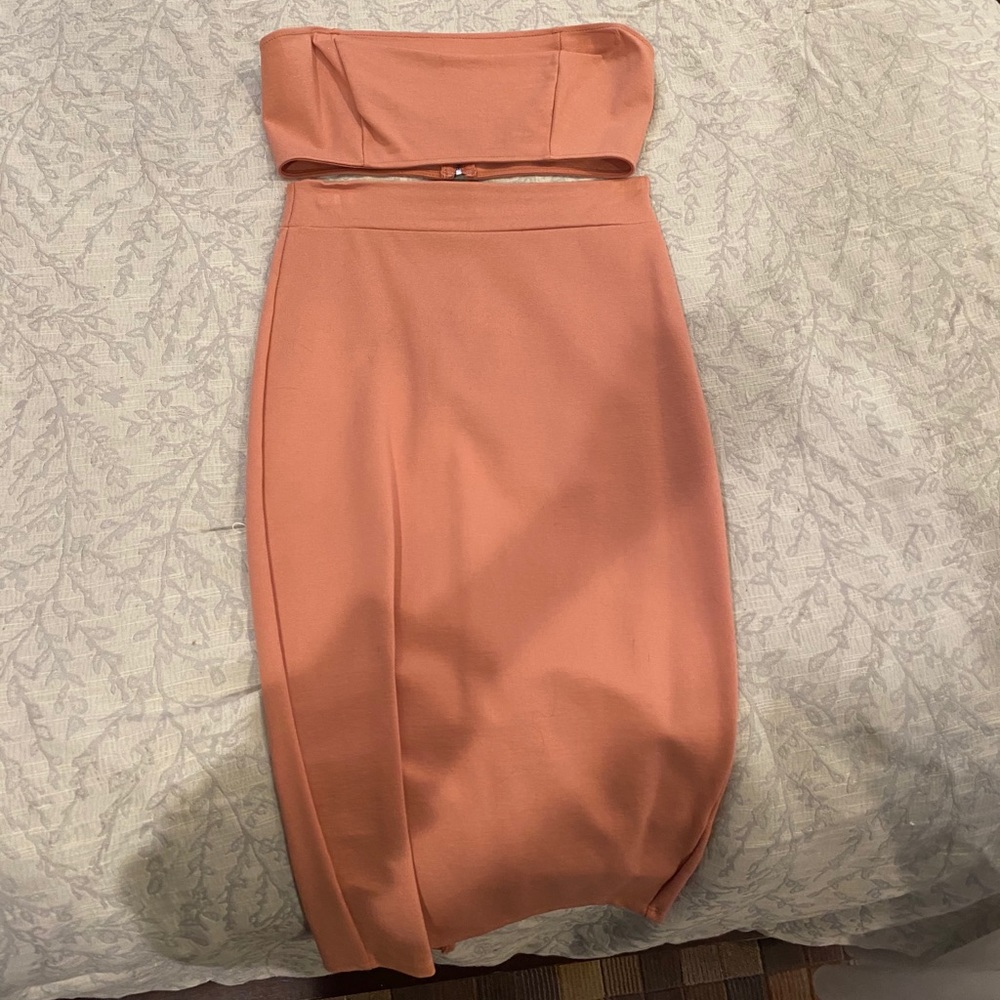 Two piece bandeau top and pencil skirt